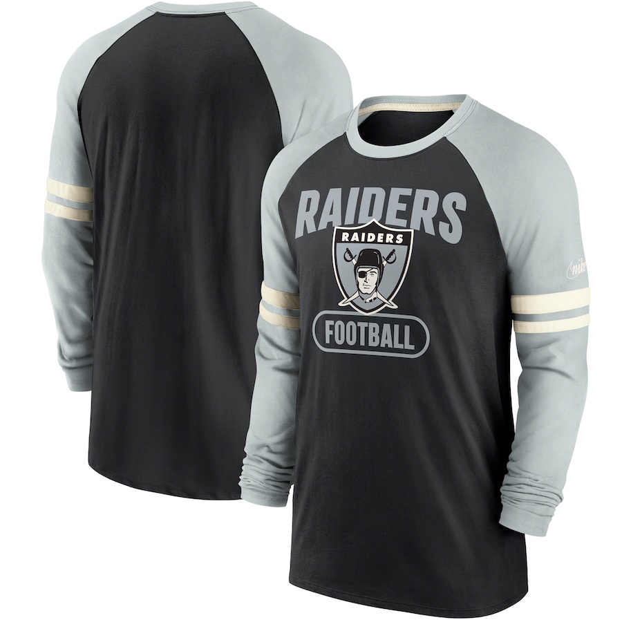 Las Vegas Raiders Football Black/Silver Throwback Raglan Long Sleeve T-Shirt - Man Las Vegas Raiders Football Black/Silver Throwback Raglan Long Sleeve T-Shirt - Man
