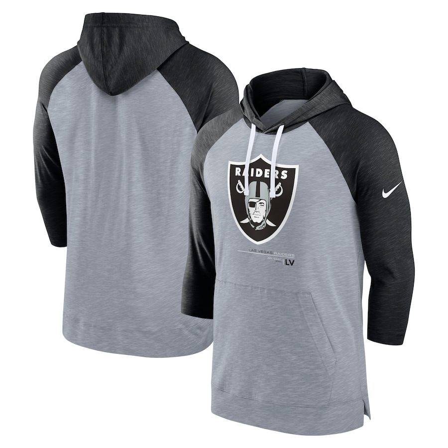 Las Vegas Raiders Football Heather Gray/Heather Black Raglan 3/4-Sleeve Pullover Hoodie - Man Las Vegas Raiders Football Heather Gray/Heather Black Raglan 3/4-Sleeve Pullover Hoodie - Man