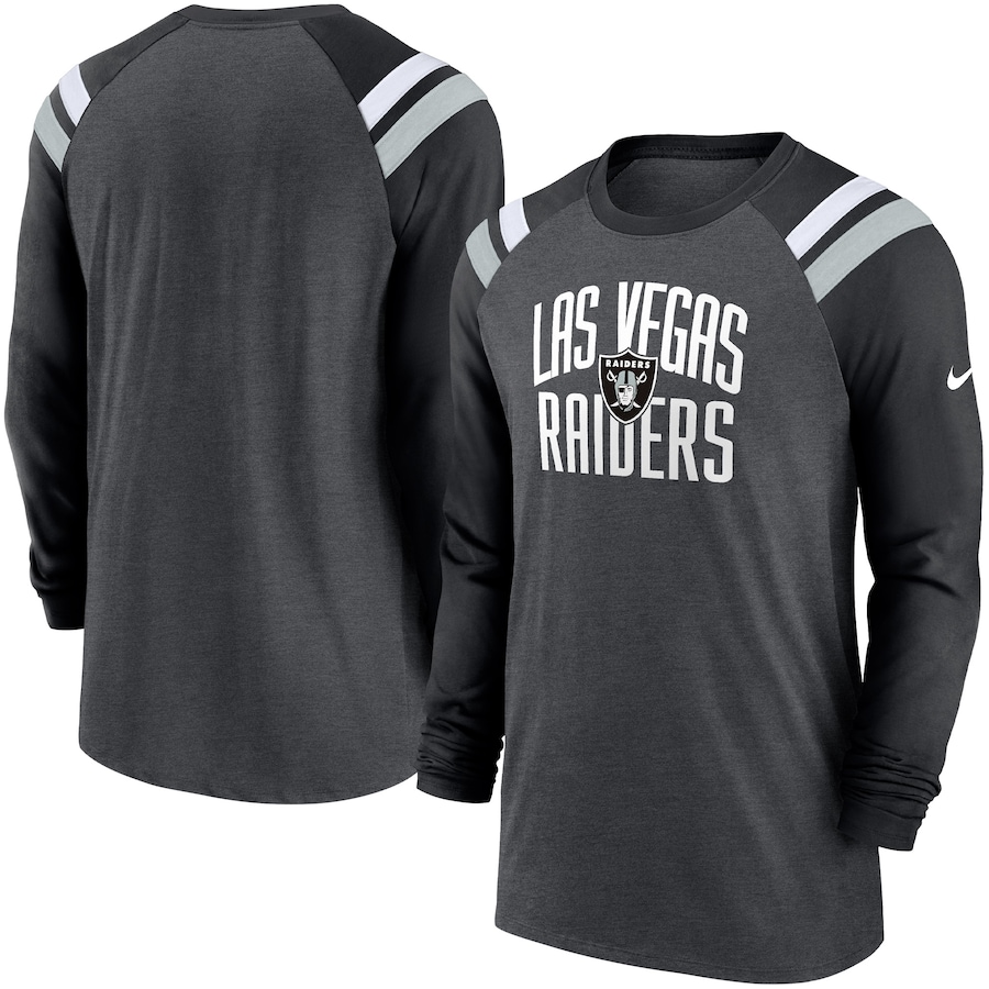 Las Vegas Raiders Football Heathered Charcoal/Black Tri-Blend Raglan Athletic Long Sleeve Fashion T-Shirt - Man Las Vegas Raiders Football Heathered Charcoal/Black Tri-Blend Raglan Athletic Long Sleeve Fashion T-Shirt - Man