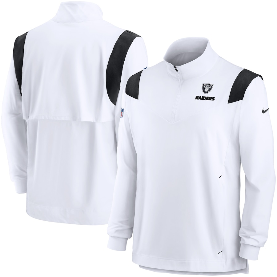Las Vegas Raiders Football White Sideline Coach Chevron Lockup Quarter-Zip Long Sleeve Top - Man Las Vegas Raiders Football White Sideline Coach Chevron Lockup Quarter-Zip Long Sleeve Top - Man