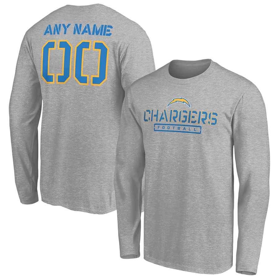 Los Angeles Chargers Gray Personalized Name & Number Evanston Stencil Long Sleeve T-Shirt - Man Los Angeles Chargers Gray Personalized Name & Number Evanston Stencil Long Sleeve T-Shirt - Man