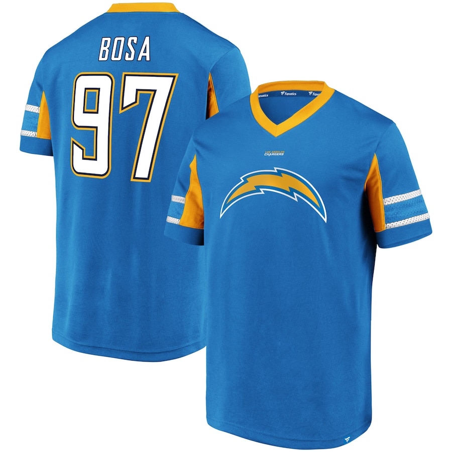 Los Angeles Chargers Joey Bosa Powder Blue Hashmark Player Name & Number V-Neck Top - Man Los Angeles Chargers Joey Bosa Powder Blue Hashmark Player Name & Number V-Neck Top - Man