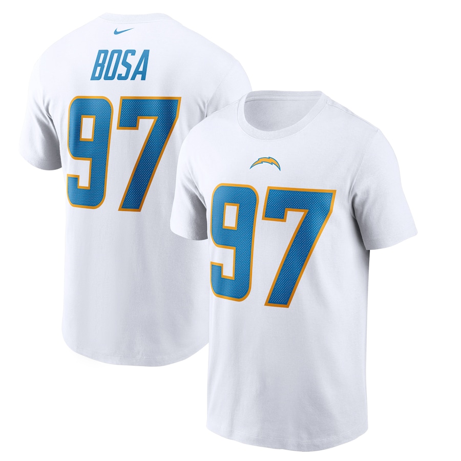 Los Angeles Chargers Joey Bosa Football White Player Name & Number T-Shirt - Man Los Angeles Chargers Joey Bosa Football White Player Name & Number T-Shirt - Man