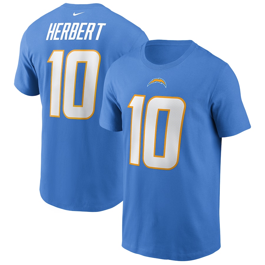 Los Angeles Chargers Justin Herbert Football Powder Blue Name & Number T-Shirt - Man Los Angeles Chargers Justin Herbert Football Powder Blue Name & Number T-Shirt - Man