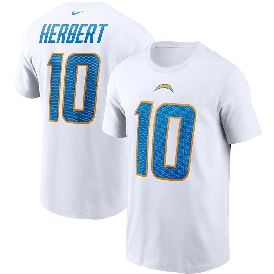 Los Angeles Chargers Justin Herbert Football White Name & Number T-Shirt - Man Los Angeles Chargers Justin Herbert Football White Name & Number T-Shirt - Man