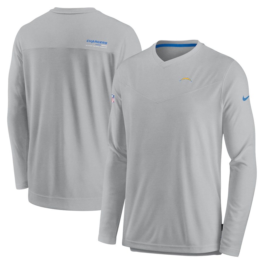 Los Angeles Chargers Football Gray Sideline Coach Chevron Lock Up Long Sleeve V-Neck Performance T-Shirt - Man