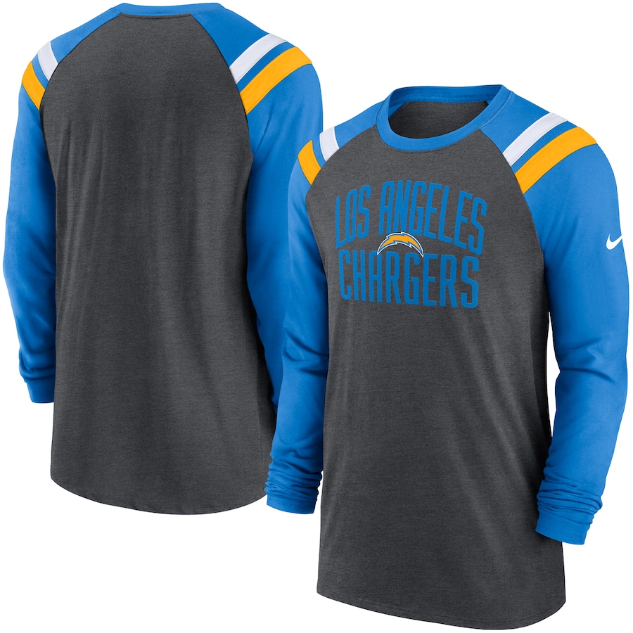 Los Angeles Chargers Football Heathered Charcoal/Powder Blue Tri-Blend Raglan Athletic Long Sleeve Fashion T-Shirt - Man