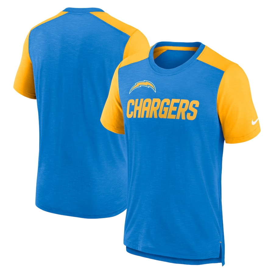 Los Angeles Chargers Football Heathered Powder Blue/Heathered Gold Color Block Team Name T-Shirt - Man