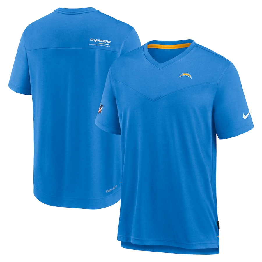 Los Angeles Chargers Football Powder Blue Sideline Coach Chevron Lock Up Logo V-Neck Performance T-Shirt - Man