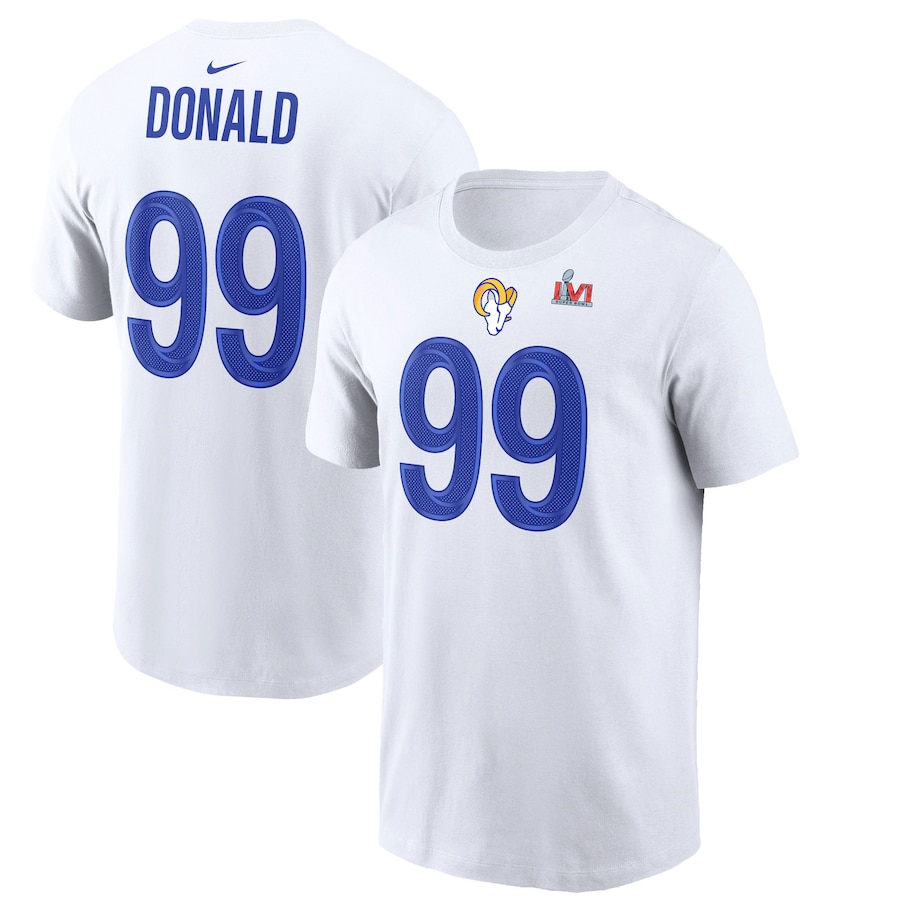 Los Angeles Rams Aaron Donald Football White Super Bowl LVI Bound Name & Number T-Shirt - Man Los Angeles Rams Aaron Donald Football White Super Bowl LVI Bound Name & Number T-Shirt - Man