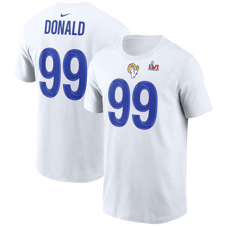 Los Angeles Rams Aaron Donald Football White Super Bowl LVI Name & Number T-Shirt - Man Los Angeles Rams Aaron Donald Football White Super Bowl LVI Name & Number T-Shirt - Man