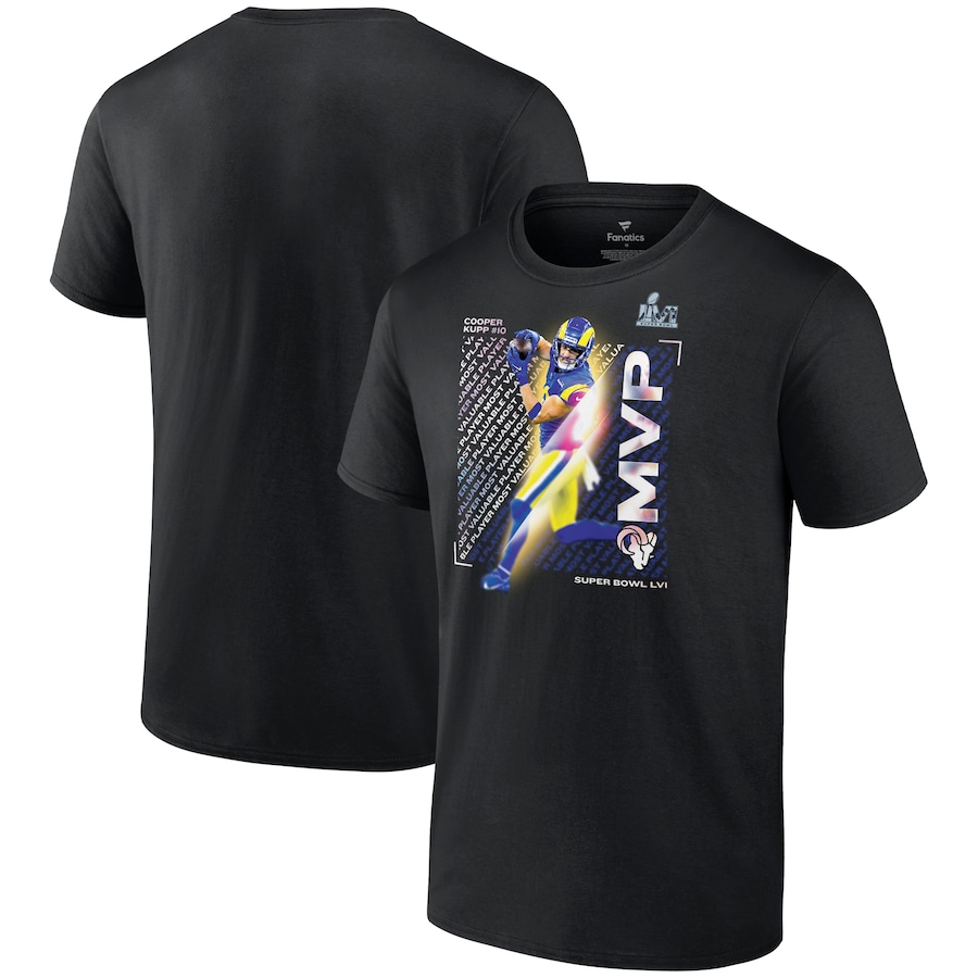 Los Angeles Rams Cooper Kupp Black Super Bowl LVI Champions MVP T-Shirt - Man Los Angeles Rams Cooper Kupp Black Super Bowl LVI Champions MVP T-Shirt - Man