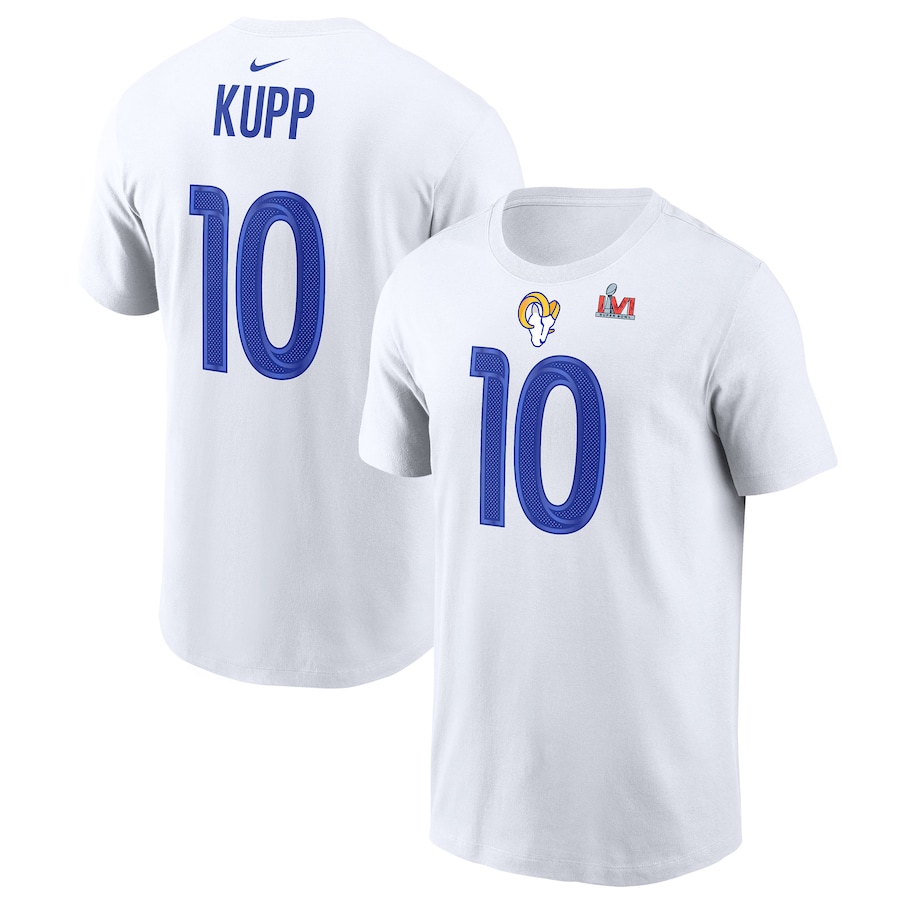Los Angeles Rams Cooper Kupp Football White Super Bowl LVI Player Name & Number T-Shirt - Man Los Angeles Rams Cooper Kupp Football White Super Bowl LVI Player Name & Number T-Shirt - Man