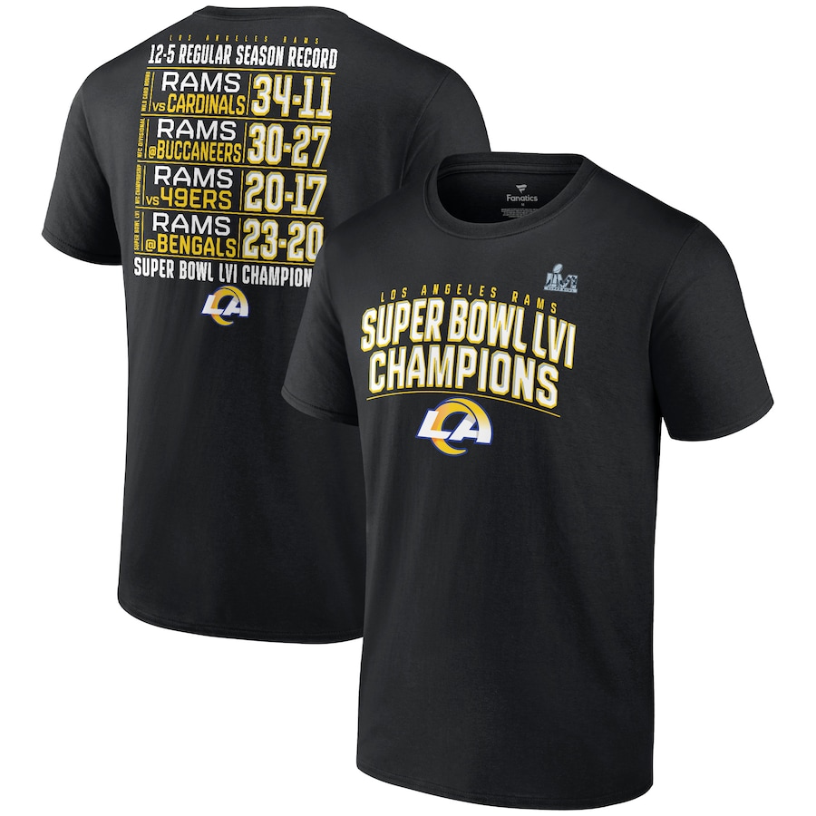 Los Angeles Rams Black Super Bowl LVI Champions Schedule T-Shirt - Man Los Angeles Rams Black Super Bowl LVI Champions Schedule T-Shirt - Man
