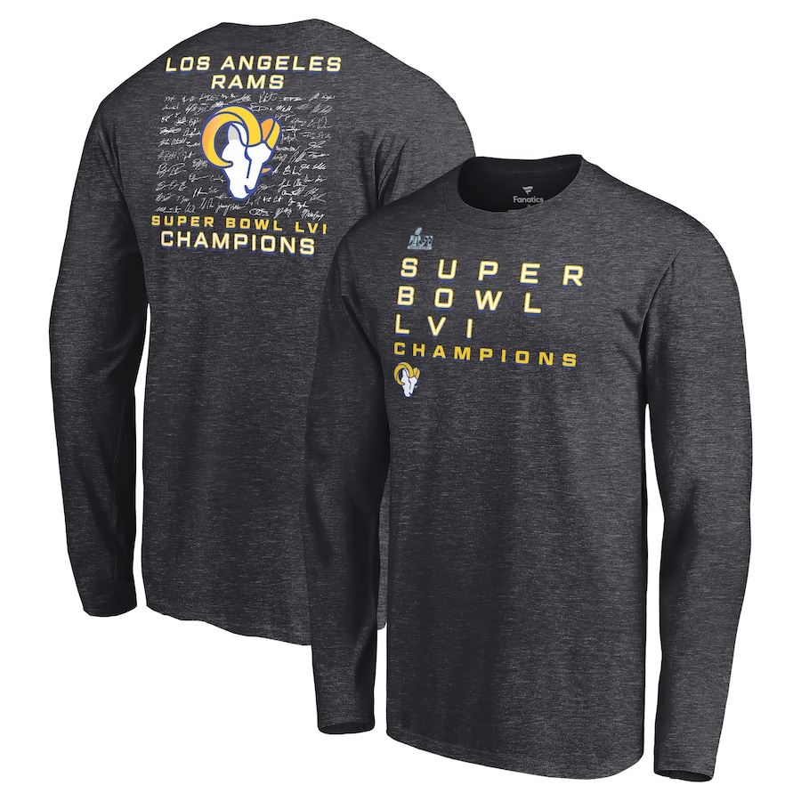 Los Angeles Rams Heathered Charcoal Super Bowl LVI Champions Roster Signature Long Sleeve T-Shirt - Man Los Angeles Rams Heathered Charcoal Super Bowl LVI Champions Roster Signature Long Sleeve T-Shirt - Man