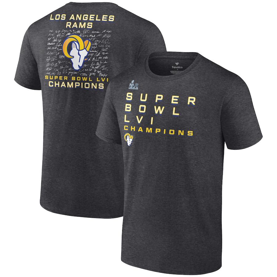 Los Angeles Rams Heathered Charcoal Super Bowl LVI Champions Roster Signature T-Shirt - Man Los Angeles Rams Heathered Charcoal Super Bowl LVI Champions Roster Signature T-Shirt - Man
