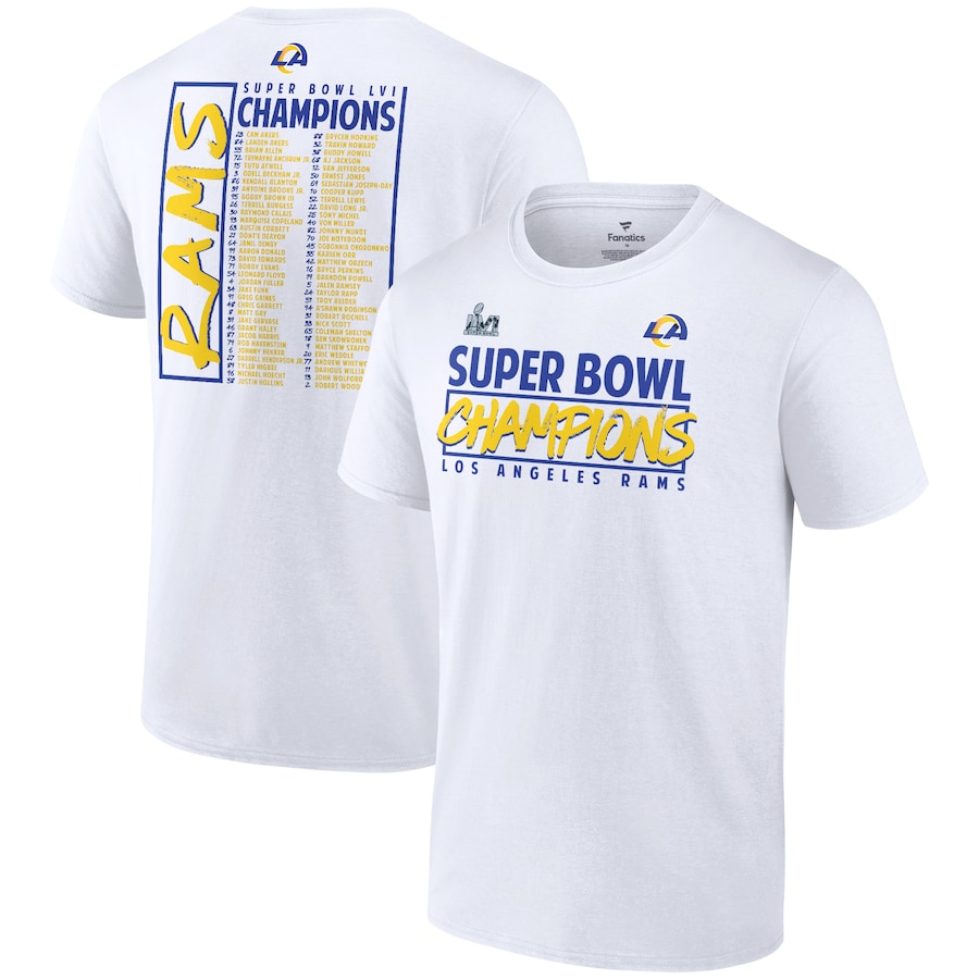 Los Angeles Rams White Super Bowl LVI Champions Stacked Roster T-Shirt - Man Los Angeles Rams White Super Bowl LVI Champions Stacked Roster T-Shirt - Man