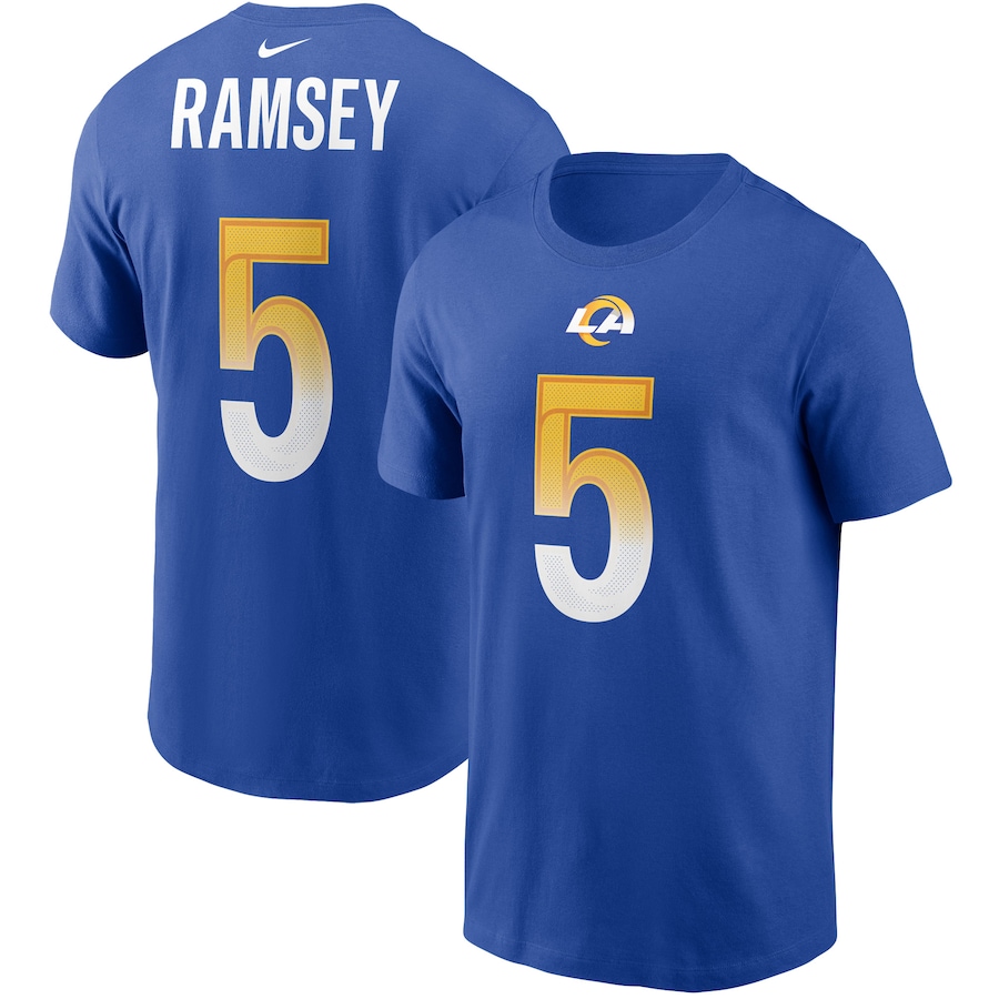 Los Angeles Rams Jalen Ramsey Football Royal Player Name & Number T-Shirt - Man Los Angeles Rams Jalen Ramsey Football Royal Player Name & Number T-Shirt - Man
