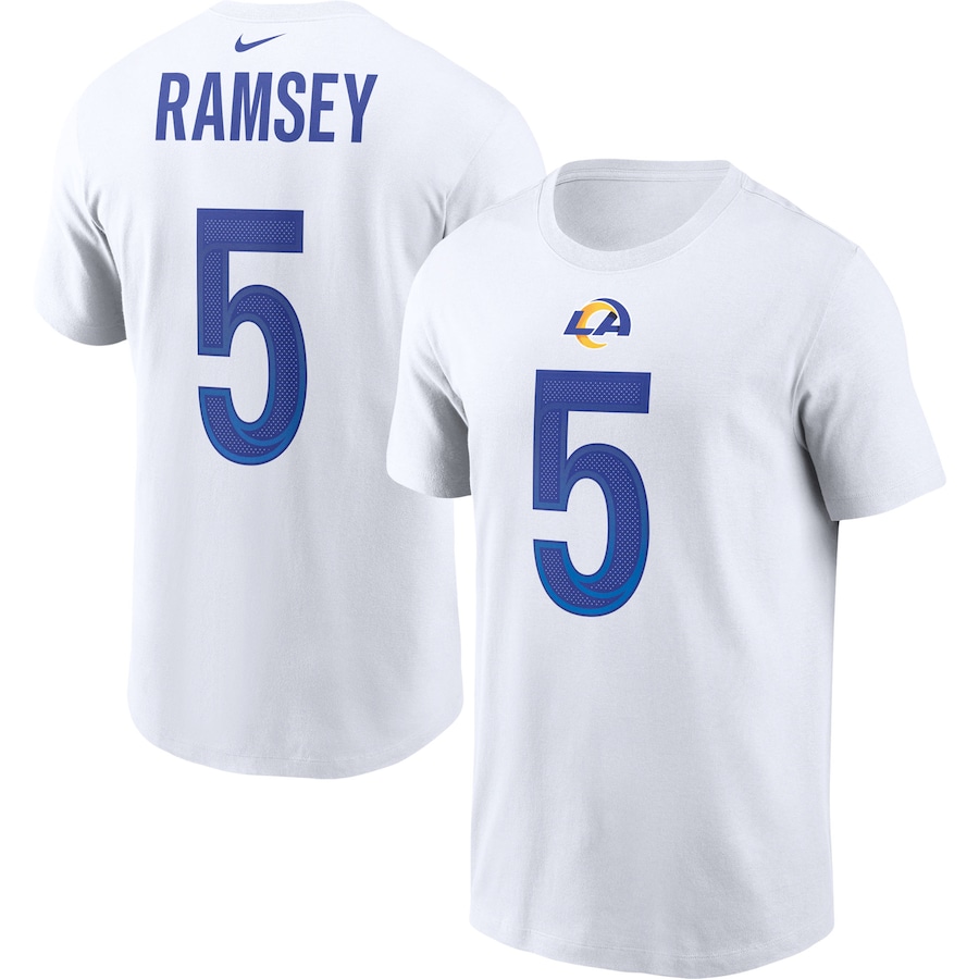 Los Angeles Rams Jalen Ramsey Football White Player Name & Number T-Shirt - Man Los Angeles Rams Jalen Ramsey Football White Player Name & Number T-Shirt - Man