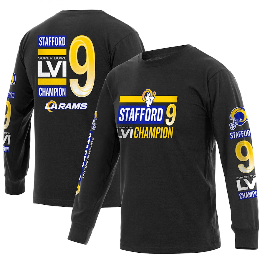 Los Angeles Rams Matthew Stafford Black Super Bowl LVI Champions Player Name & Number Long Sleeve T-Shirt - Man Los Angeles Rams Matthew Stafford Black Super Bowl LVI Champions Player Name & Number Long Sleeve T-Shirt - Man