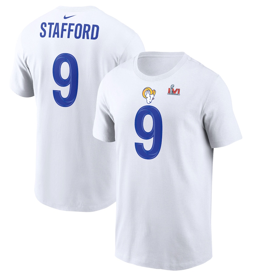 Los Angeles Rams Matthew Stafford Football White Super Bowl LVI Name & Number T-Shirt - Man Los Angeles Rams Matthew Stafford Football White Super Bowl LVI Name & Number T-Shirt - Man