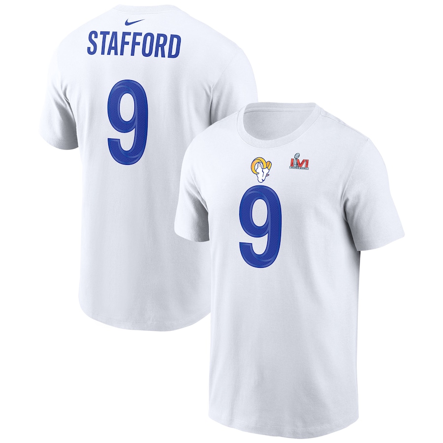 Los Angeles Rams Matthew Stafford Football White Super Bowl LVI Player Name & Number T-Shirt - Man Los Angeles Rams Matthew Stafford Football White Super Bowl LVI Player Name & Number T-Shirt - Man