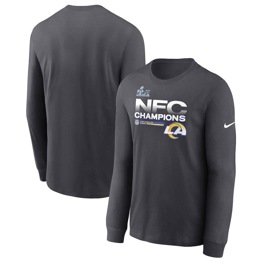 Los Angeles Rams Football Anthracite 2021 NFC Champions Locker Room Trophy Collection Long Sleeve T-Shirt - Man Los Angeles Rams Football Anthracite 2021 NFC Champions Locker Room Trophy Collection Long Sleeve T-Shirt - Man