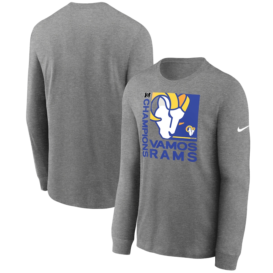 Los Angeles Rams Football Heathered Charcoal 2021 NFC Champions Team Slogan Long Sleeve T-Shirt - Man Los Angeles Rams Football Heathered Charcoal 2021 NFC Champions Team Slogan Long Sleeve T-Shirt - Man