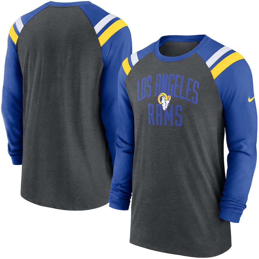 Los Angeles Rams Football Heathered Charcoal/Royal Tri-Blend Raglan Athletic Long Sleeve Fashion T-Shirt - Man Los Angeles Rams Football Heathered Charcoal/Royal Tri-Blend Raglan Athletic Long Sleeve Fashion T-Shirt - Man