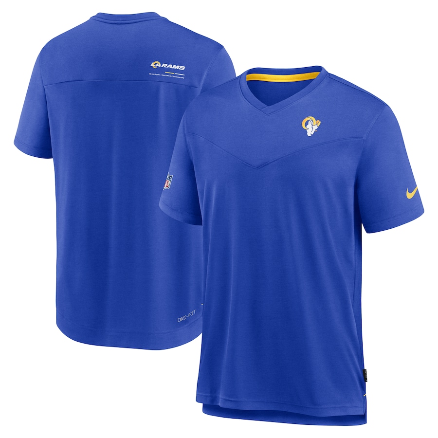 Los Angeles Rams Football Royal Sideline Coach Chevron Lock Up Logo V-Neck Performance T-Shirt - Man Los Angeles Rams Football Royal Sideline Coach Chevron Lock Up Logo V-Neck Performance T-Shirt - Man