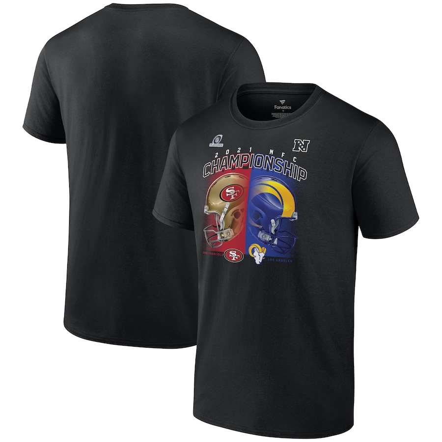 Los Angeles Rams vs. San Francisco 49ers Black 2021 NFC Championship Head to Head Matchup T-Shirt - Man Los Angeles Rams vs. San Francisco 49ers Black 2021 NFC Championship Head to Head Matchup T-Shirt - Man
