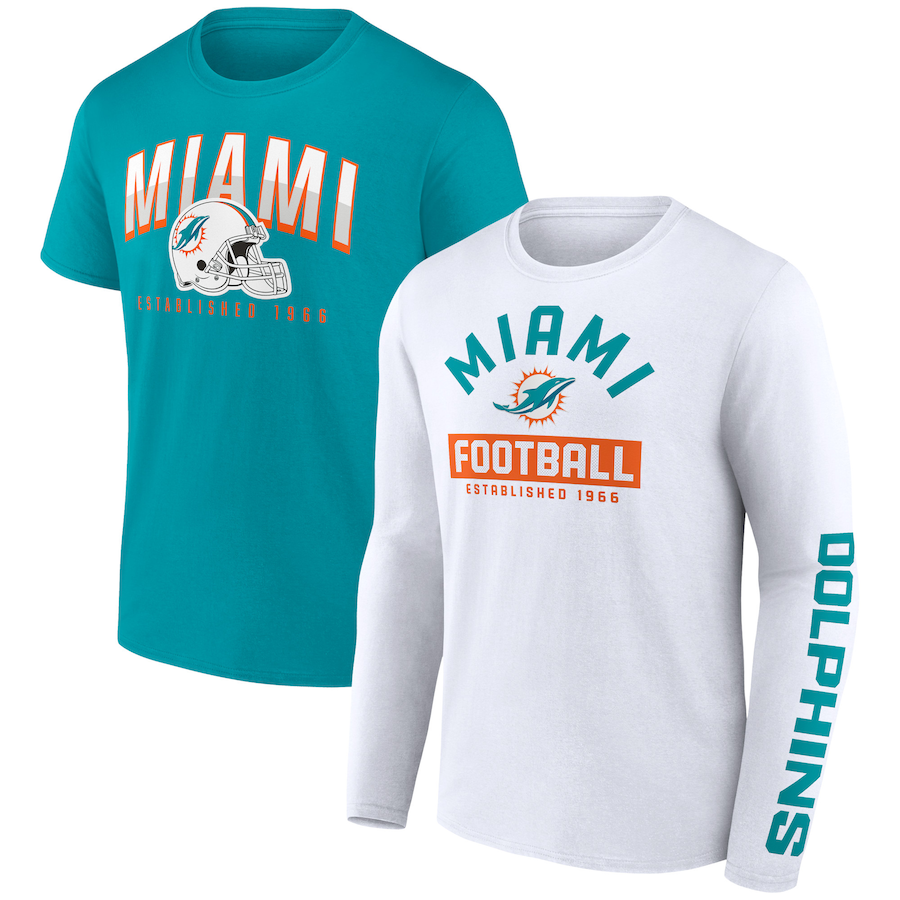 Miami Dolphins Aqua/White Long and Short Sleeve Two-Pack T-Shirt - Man