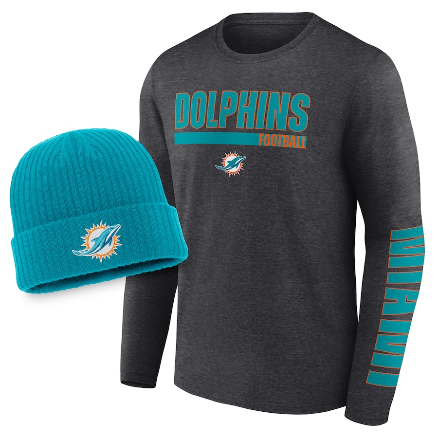 Miami Dolphins Heather Charcoal/Aqua Long Sleeve T-Shirt & Cuffed Knit Hat Combo Set - Man Miami Dolphins Heather Charcoal/Aqua Long Sleeve T-Shirt & Cuffed Knit Hat Combo Set - Man
