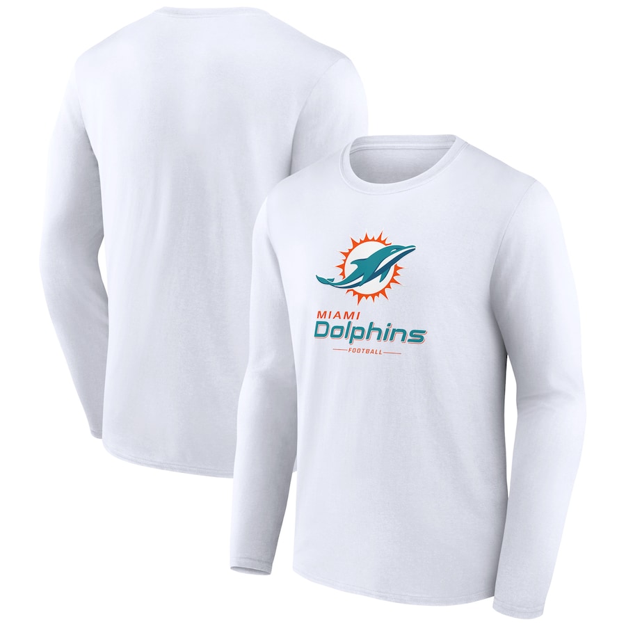 Miami Dolphins White Logo Team Lockup Long Sleeve T-Shirt - Man