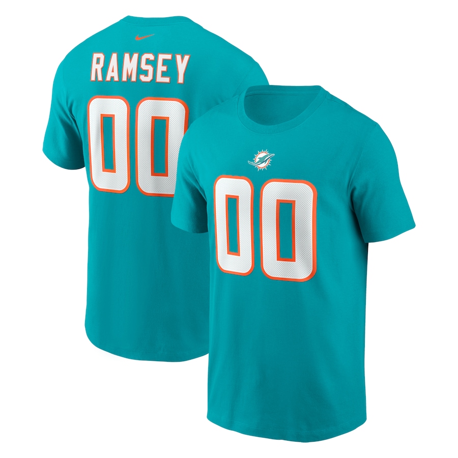 Miami Dolphins Jalen Ramsey Football Aqua Player Name & Number T-Shirt - Man Miami Dolphins Jalen Ramsey Football Aqua Player Name & Number T-Shirt - Man