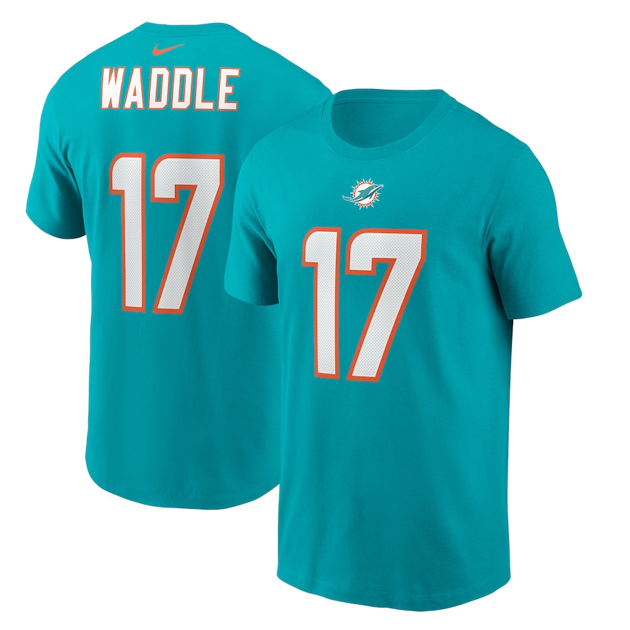 Miami Dolphins Jaylen Waddle Football Aqua Player Name & Number T-Shirt - Man Miami Dolphins Jaylen Waddle Football Aqua Player Name & Number T-Shirt - Man