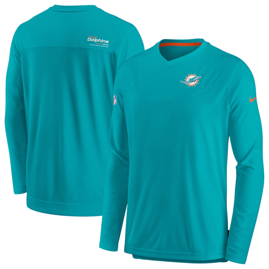 Miami Dolphins Football Aqua Sideline Coach Chevron Lock Up Long Sleeve V-Neck Performance T-Shirt - Man