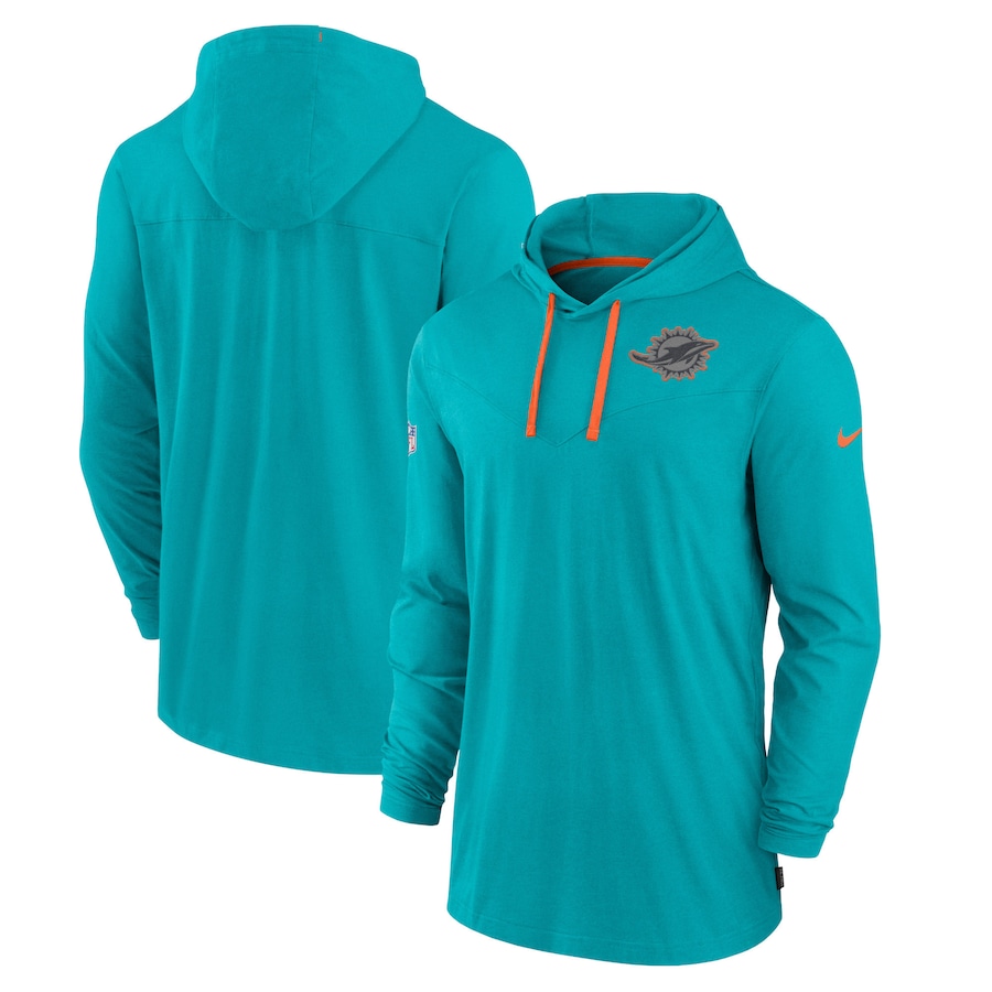 Miami Dolphins Football Aqua Sideline Pop Performance Pullover Long Sleeve Hoodie T-Shirt - Man Miami Dolphins Football Aqua Sideline Pop Performance Pullover Long Sleeve Hoodie T-Shirt - Man