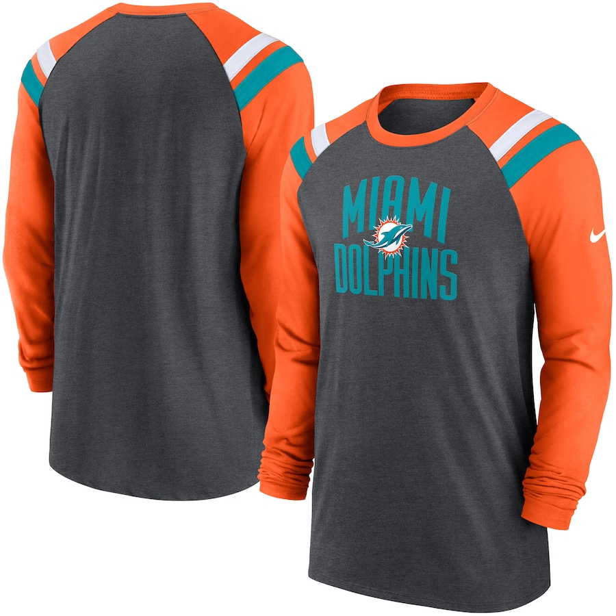 Miami Dolphins Football Heathered Charcoal/Orange Raglan Athletic Long Sleeve Tri-Blend T-Shirt - Man Miami Dolphins Football Heathered Charcoal/Orange Raglan Athletic Long Sleeve Tri-Blend T-Shirt - Man