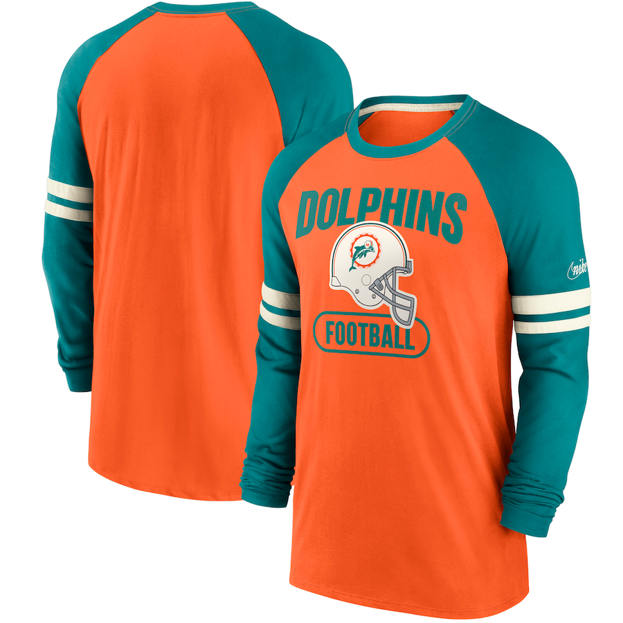 Miami Dolphins Football Orange/Aqua Throwback Performance Raglan Long Sleeve T-Shirt - Man Miami Dolphins Football Orange/Aqua Throwback Performance Raglan Long Sleeve T-Shirt - Man