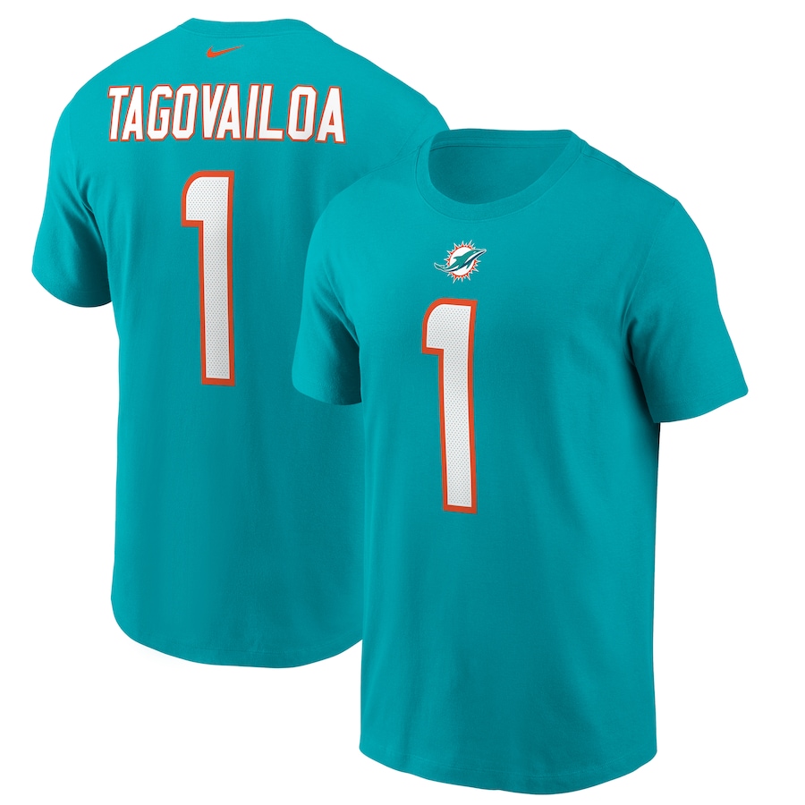 Miami Dolphins Tua Tagovailoa Football Aqua Name & Number T-Shirt - Man Miami Dolphins Tua Tagovailoa Football Aqua Name & Number T-Shirt - Man