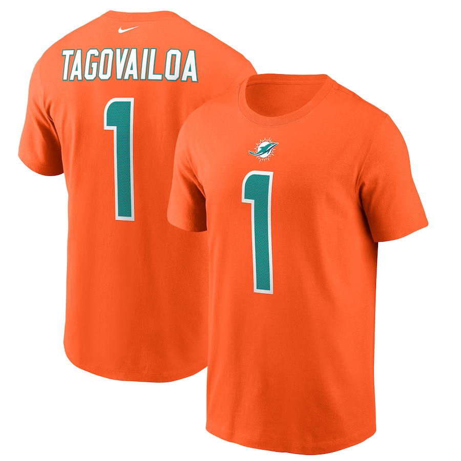 Miami Dolphins Tua Tagovailoa Football Orange Name & Number T-Shirt - Man Miami Dolphins Tua Tagovailoa Football Orange Name & Number T-Shirt - Man