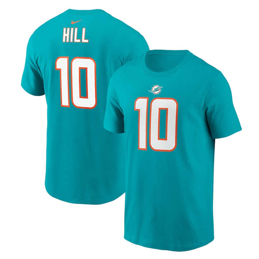Miami Dolphins Tyreek Hill Football Aqua Player Name & Number T-Shirt - Man Miami Dolphins Tyreek Hill Football Aqua Player Name & Number T-Shirt - Man