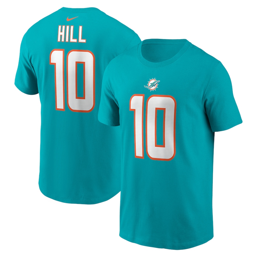 Miami Dolphins Tyreek Hill Football Aqua Player Name & Number T-Shirt - Man Miami Dolphins Tyreek Hill Football Aqua Player Name & Number T-Shirt - Man
