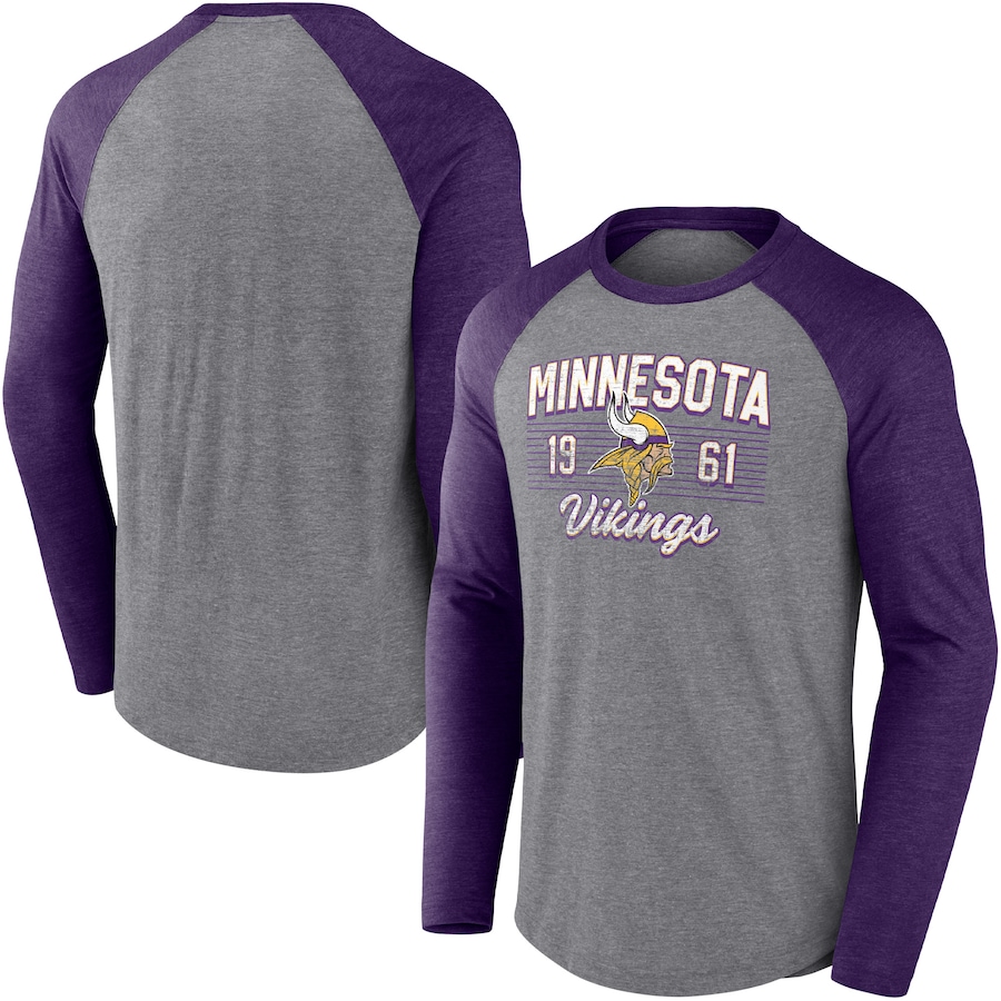 Minnesota Vikings Heathered Gray/Heathered Purple Weekend Casual Tri-Blend Raglan Long Sleeve T-Shirt - Man Minnesota Vikings Heathered Gray/Heathered Purple Weekend Casual Tri-Blend Raglan Long Sleeve T-Shirt - Man