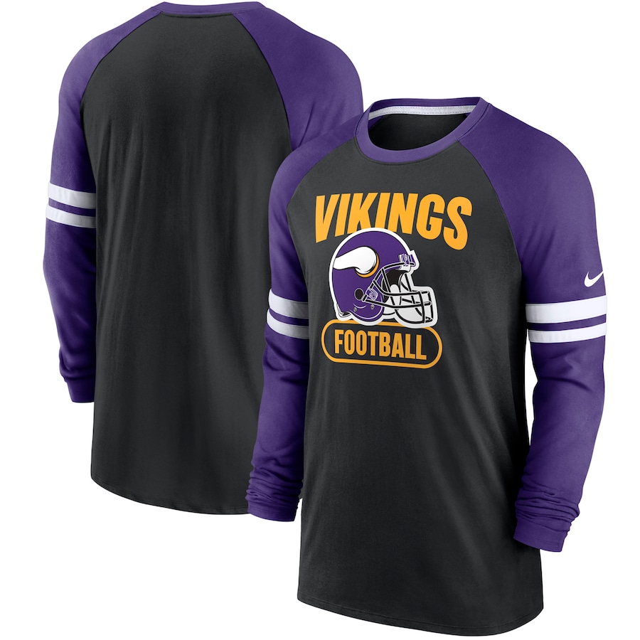 Minnesota Vikings Football Black/Purple Throwback Raglan Long Sleeve T-Shirt - Man Minnesota Vikings Football Black/Purple Throwback Raglan Long Sleeve T-Shirt - Man
