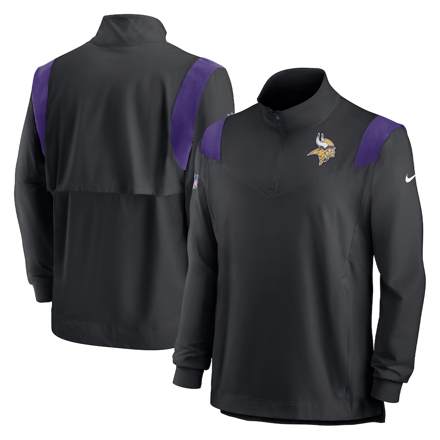 Minnesota Vikings Football Black Sideline Coach Chevron Lockup Quarter-Zip Long Sleeve Top - Man Minnesota Vikings Football Black Sideline Coach Chevron Lockup Quarter-Zip Long Sleeve Top - Man