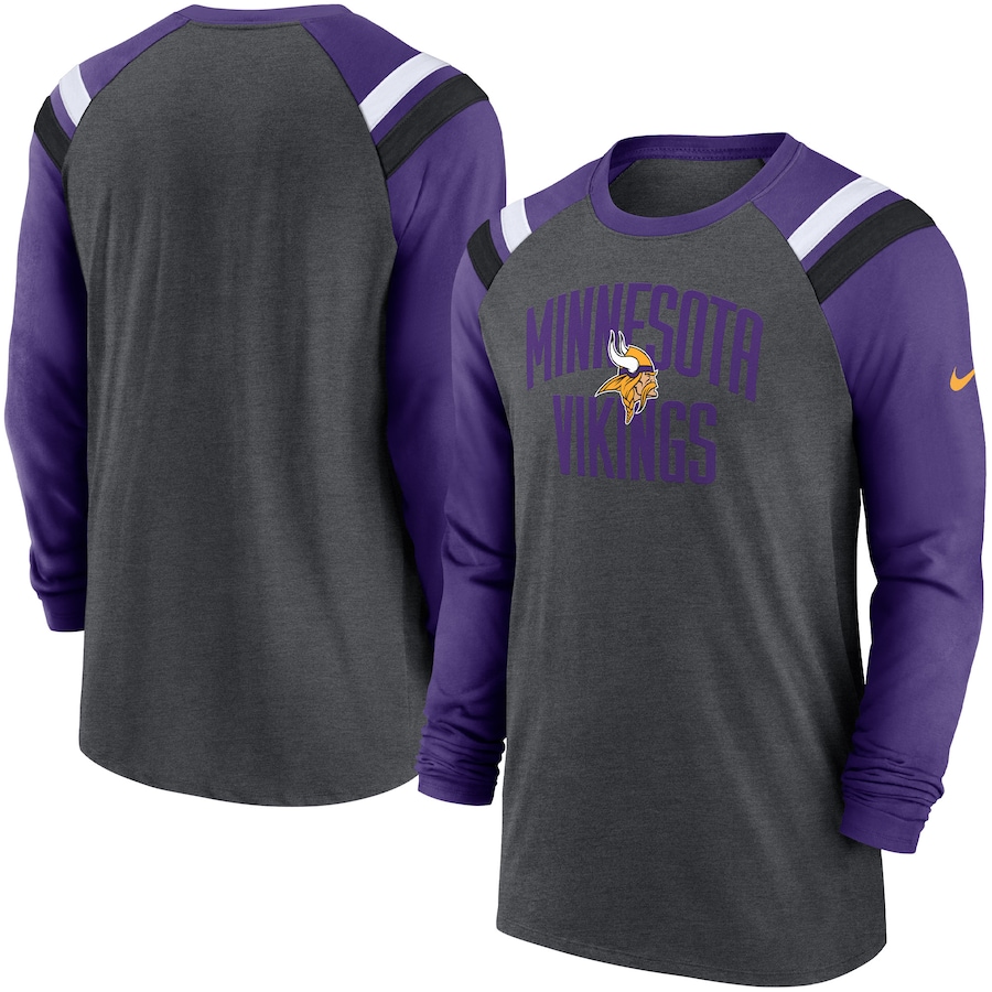 Minnesota Vikings Football Heathered Charcoal/Purple Tri-Blend Raglan Athletic Long Sleeve Fashion T-Shirt - Man Minnesota Vikings Football Heathered Charcoal/Purple Tri-Blend Raglan Athletic Long Sleeve Fashion T-Shirt - Man