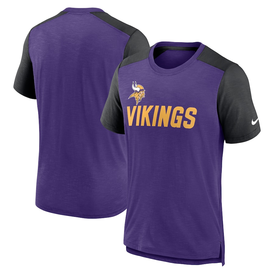 Minnesota Vikings Football Heathered Purple/Heathered Black Color Block Team Name T-Shirt - Man Minnesota Vikings Football Heathered Purple/Heathered Black Color Block Team Name T-Shirt - Man