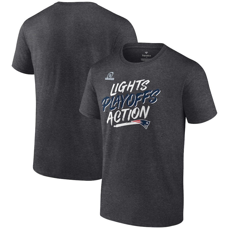 New England Patriots Heathered Charcoal 2021 NFL Playoffs Bound Lights Action T-Shirt - Man New England Patriots Heathered Charcoal 2021 NFL Playoffs Bound Lights Action T-Shirt - Man
